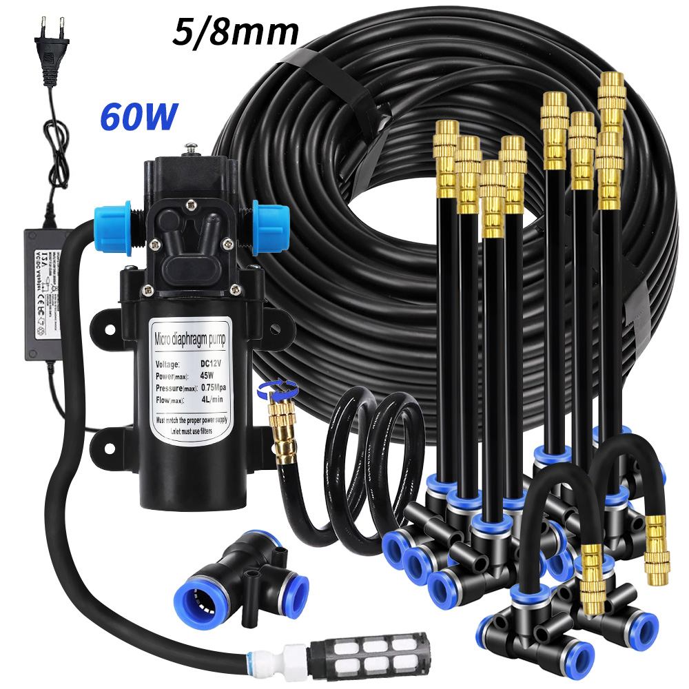 Root Watering Spike - ガーデン5/8mm PEホーススプレーヤーキット、60W自動吸水ポンプ付き、20cmユニバーサル真鍮ノズル、ガゼボ植物用ミスト散水システム